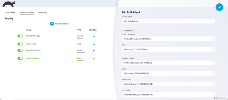 Ninja Forms builder Emails and Actions tab with HubSpot field mapping and merge tag icons