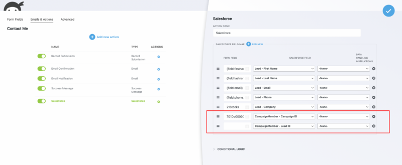 Ninja Forms Salesforce action settings showing a Campaign linking field inside the form builder
