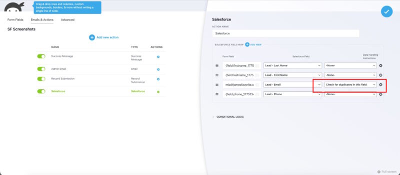 Ninja Forms field map row showing the Check for duplicates data handling instruction enabled on an email field