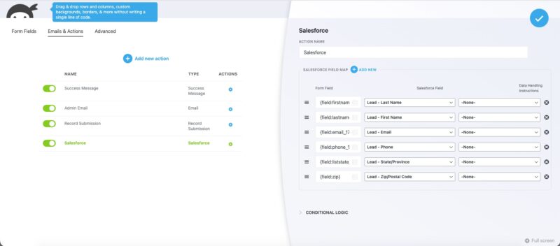 Ninja Forms form builder showing the Add to Salesforce action with form fields mapped to Salesforce Lead fields