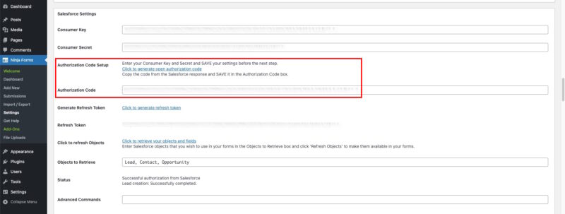 Ninja Forms Salesforce Settings panel showing Consumer Key, Consumer Secret, and confirmed connection status