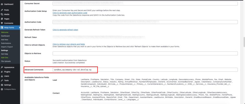 Ninja Forms Salesforce Settings showing the sandbox mode advanced command configured