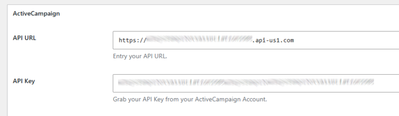 Ninja Forms global settings showing ActiveCampaign API URL and API Key fields