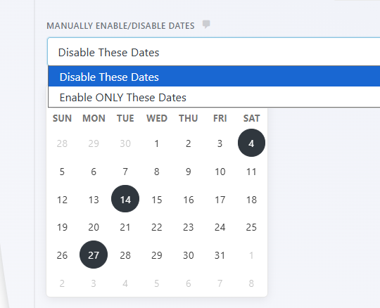 Advanced Datepicker calendar interface showing blocked dates and enabled-only date configuration