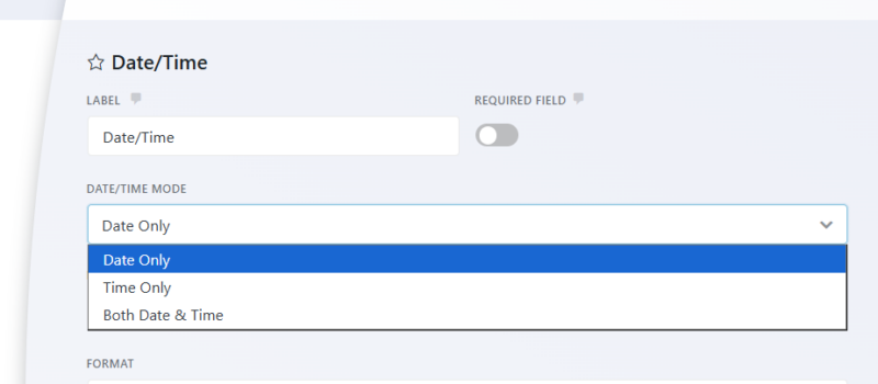  Advanced Datepicker field settings showing Date Only, Time Only, and Date and Time mode options in Ninja Forms