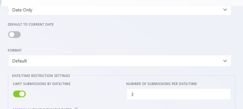 Limit Submissions toggle and per-slot booking limit configuration in Advanced Datepicker field settings