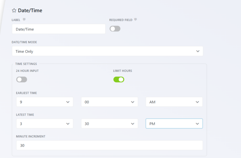 Limit Hours settings in Advanced Datepicker showing earliest and latest available time configuration