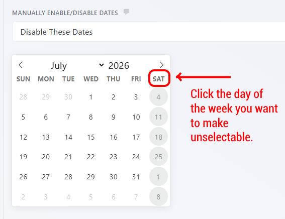 Weekday header selected in Advanced Datepicker calendar to block all instances of that day