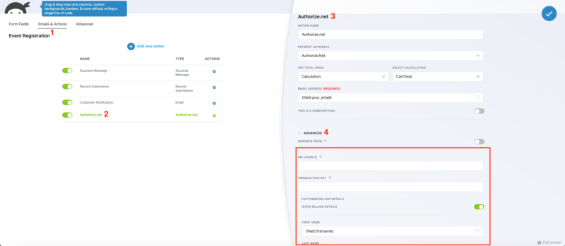 Authorize.net action settings in Ninja Forms showing API Login ID, Transaction Key, and payment configuration fields