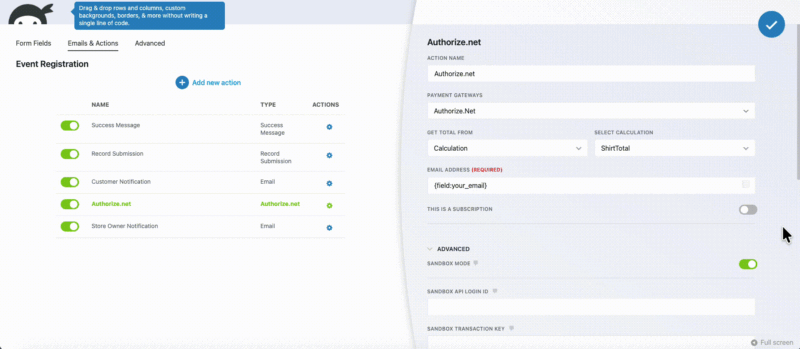 Billing and shipping field mapping section in the Ninja Forms Authorize.net action settings