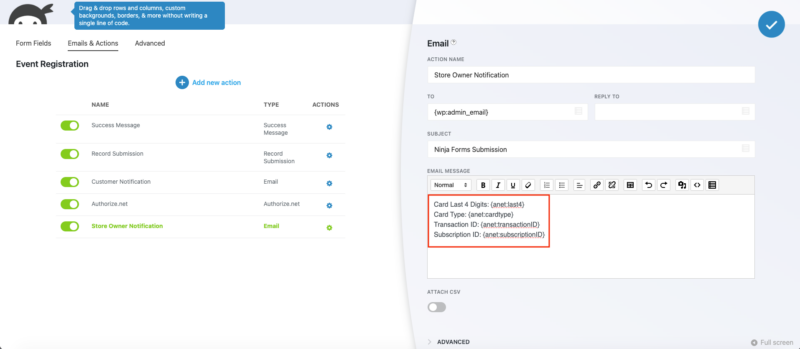 Ninja Forms email action editor with Authorize.net merge tags anet:last4, anet:cardtype, and anet:transactionID inserted