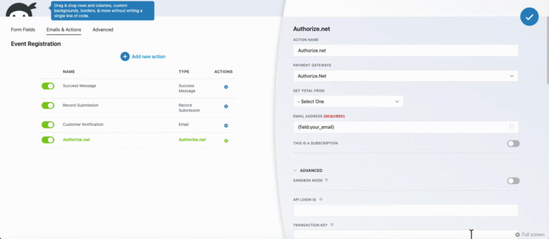 Payment amount dropdown in the Authorize.net action settings showing Fixed Amount, Calculation, Field, and user-entered number field options