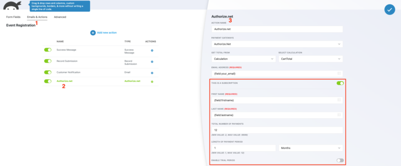 Ninja Forms Authorize.net recurring billing settings showing payment interval, payment count, and trial period fields
