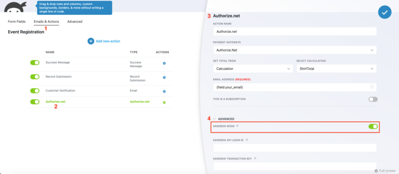 Sandbox mode toggle in Ninja Forms Authorize.net action settings for test payment processing