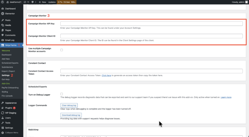 Ninja Forms settings panel showing Campaign Monitor API Key and Client ID fields