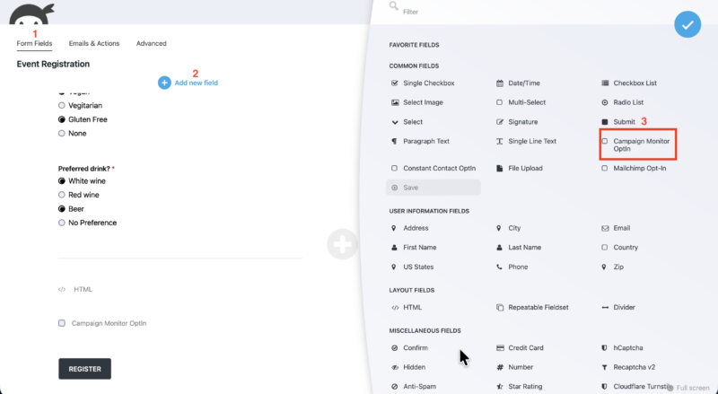 Ninja Forms form builder with the Campaign Monitor opt-in field type added to a form alongside a preview