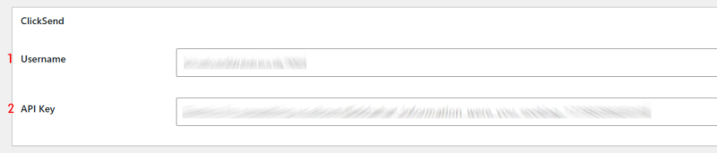Ninja Forms settings screen showing the ClickSend API key and username fields