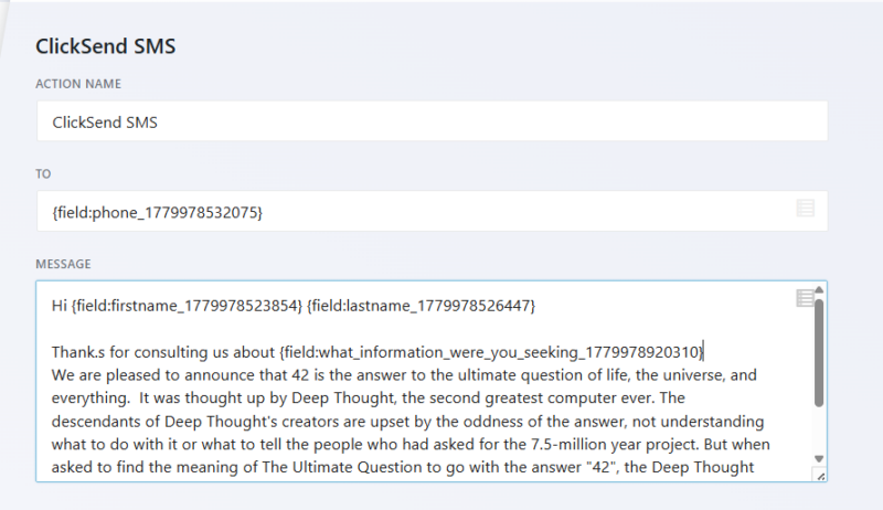 ClickSend action message body field showing a longer message with no character limit enforced in the UI
