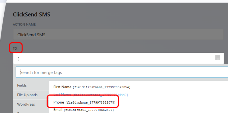 ClickSend action "To" field with the merge tag picker open to select a phone number form field