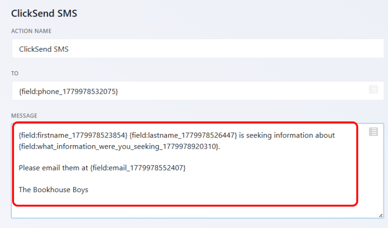 ClickSend action message body field with Ninja Forms merge tags inserted for submitter name and other fields