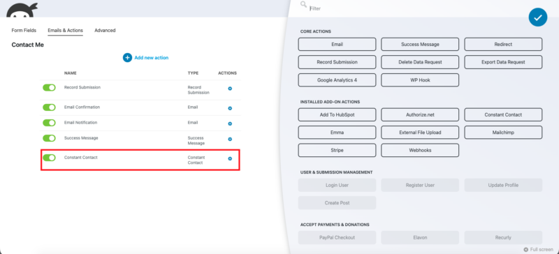 Ninja Forms Emails and Actions tab of an existing contact form showing the Constant Contact action alongside email notification actions