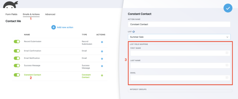 Constant Contact action field mapping section showing First Name, Last Name, and Email dropdowns mapped to Ninja Forms fields