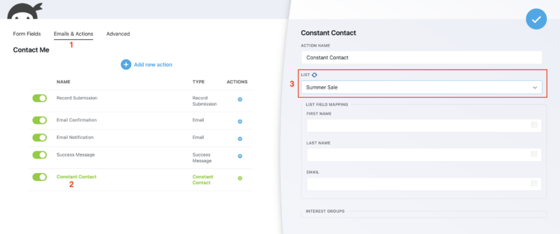Ninja Forms form builder Emails and Actions tab showing Constant Contact action with a List selected from the dropdown