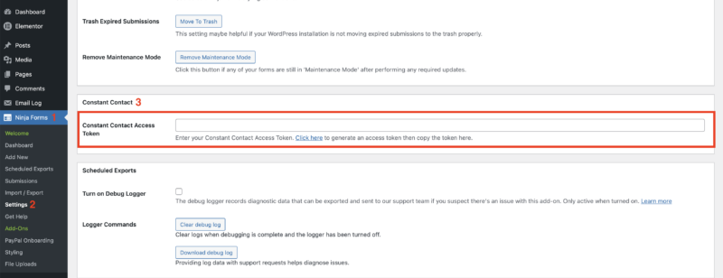Ninja Forms settings page showing Constant Contact access token field after one-click OAuth authorization