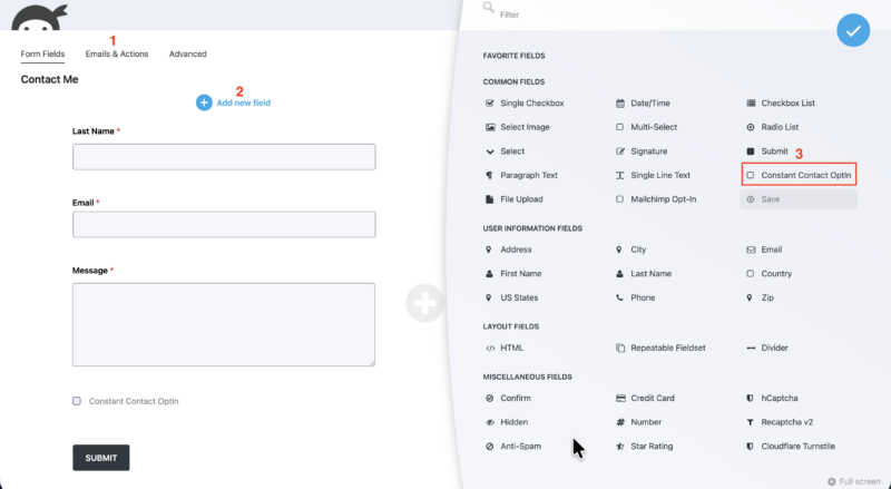 Ninja Forms form builder showing the Constant Contact Opt-in checkbox field added to a form
