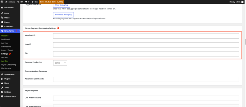 Ninja Forms Settings page showing the Elavon section with Merchant ID, User ID, and PIN fields
