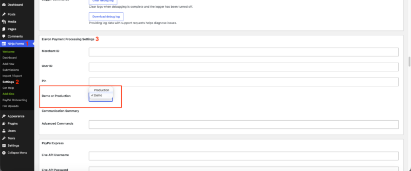 Ninja Forms Elavon settings showing the Demo and Production mode toggle alongside Merchant ID, User ID, and PIN credential fields
