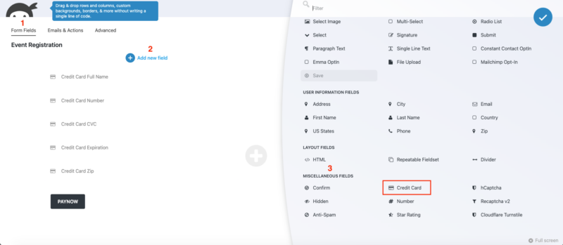 Ninja Forms form builder showing a credit card field and the Elavon Collect Payment action configured on a WordPress payment form