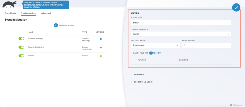 Ninja Forms form builder showing a credit card field and the Elavon Collect Payment action configured on a WordPress payment form
