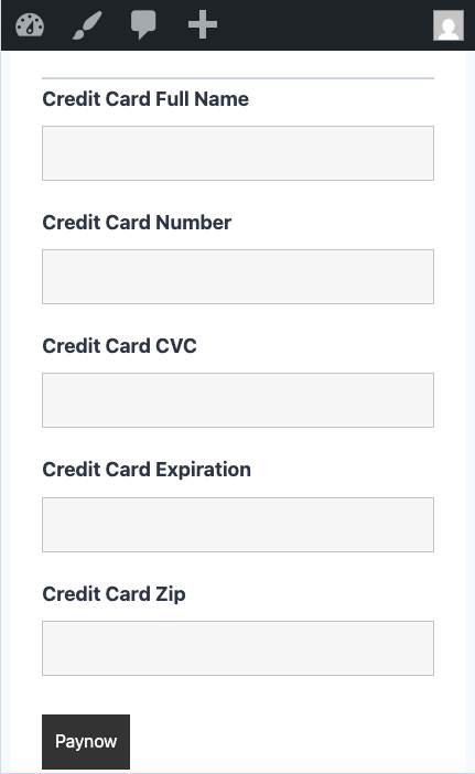 Ninja Forms Elavon payment form displayed on a mobile device showing credit card entry fields and submit button