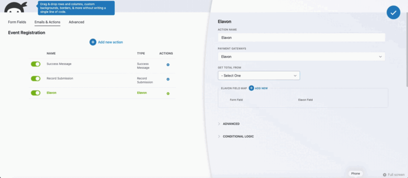Elavon Collect Payment action settings in Ninja Forms showing Fixed Amount, Field Total, and Calculated Amount options