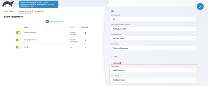 Custom field mapping table in Ninja Forms Kit action settings showing form fields mapped to Kit subscriber fields
