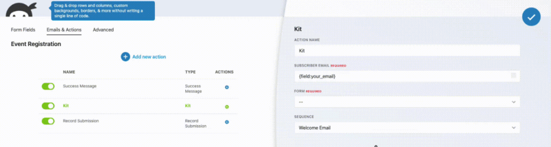 Kit form dropdown in Ninja Forms action settings showing list of Kit forms