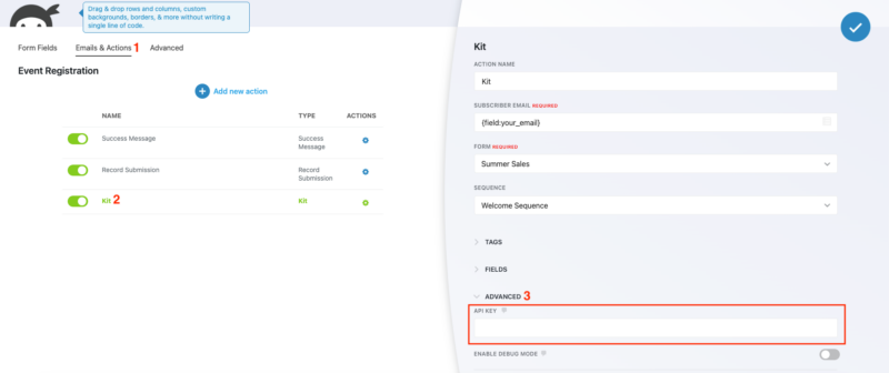 Two Kit actions configured on a single Ninja Forms form, each with a different Kit API key