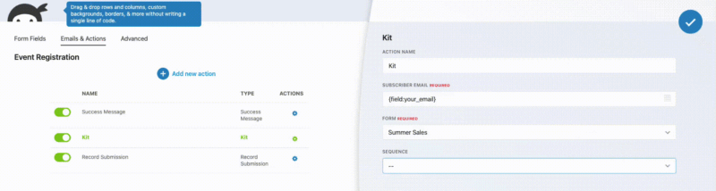 Kit sequence dropdown in Ninja Forms action settings with a sequence selected
