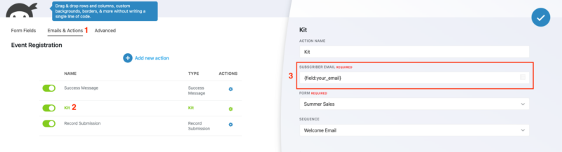Ninja Forms Kit action settings showing email field mapped to Kit subscriber email