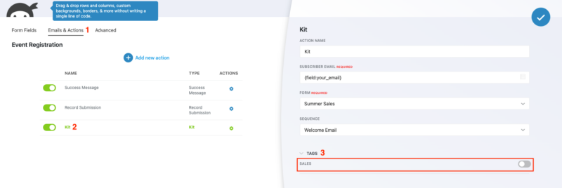 Tag assignment field in Ninja Forms Kit action settings panel