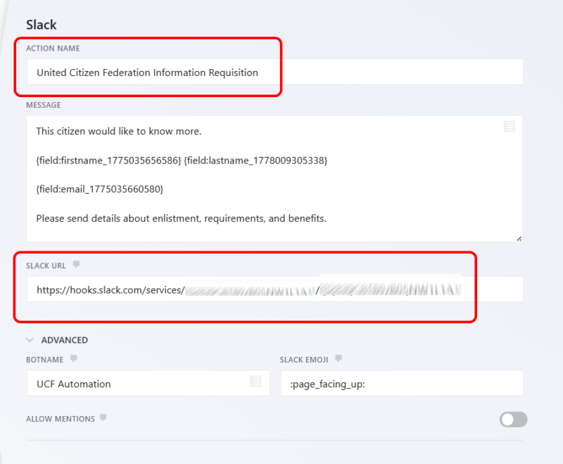 Ninja Forms action settings panel showing the Slack webhook URL field and action name configured for a channel