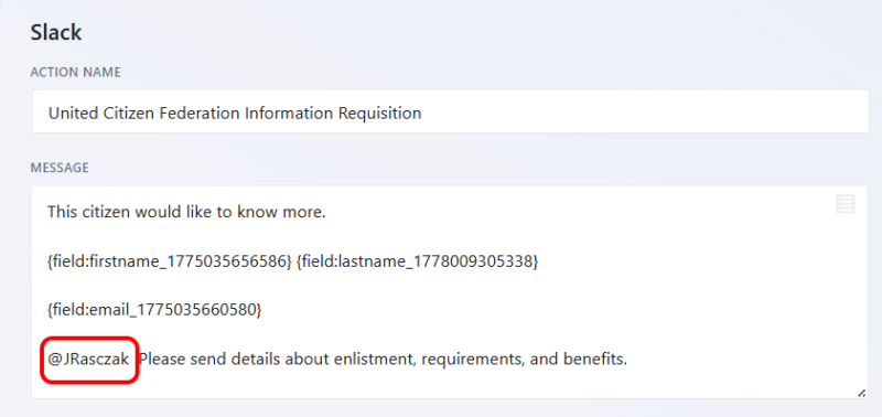 Slack action message field in Ninja Forms showing a notification template with an @mention for a team member