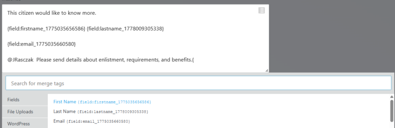 Merge tag picker open in the Ninja Forms Slack action message field, showing form fields available for insertion