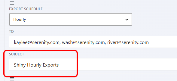 Ninja Forms scheduled export settings showing a custom subject line entered in the Subject field