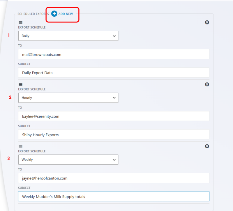 Ninja Forms export schedule settings showing hourly, daily, and weekly schedule options