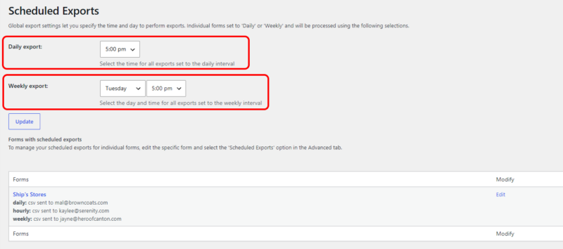 Ninja Forms global Scheduled Exports settings showing time-of-day picker for daily exports and day-plus-hour picker for weekly exports