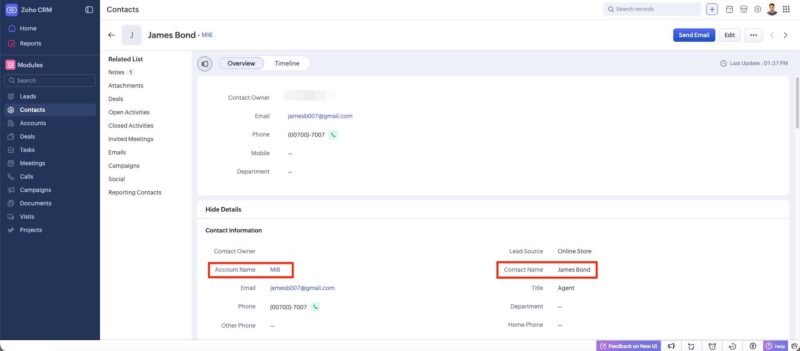 Zoho CRM Contact record showing automatically linked Account, Potential, Task, and Note records created from a single Ninja Forms submission