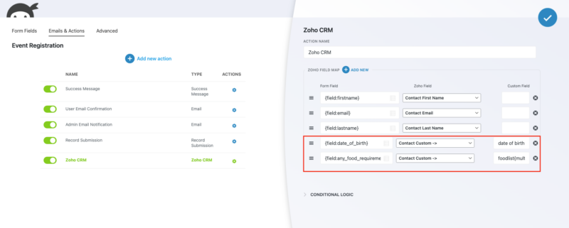 Ninja Forms Zoho CRM field mapper showing custom fields including a picklist and date field mapped from form inputs