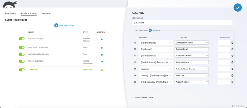 Full-screen field mapper in Ninja Forms showing form fields mapped to Zoho CRM Leads module fields with a constant value row for Lead Source set to Web Form